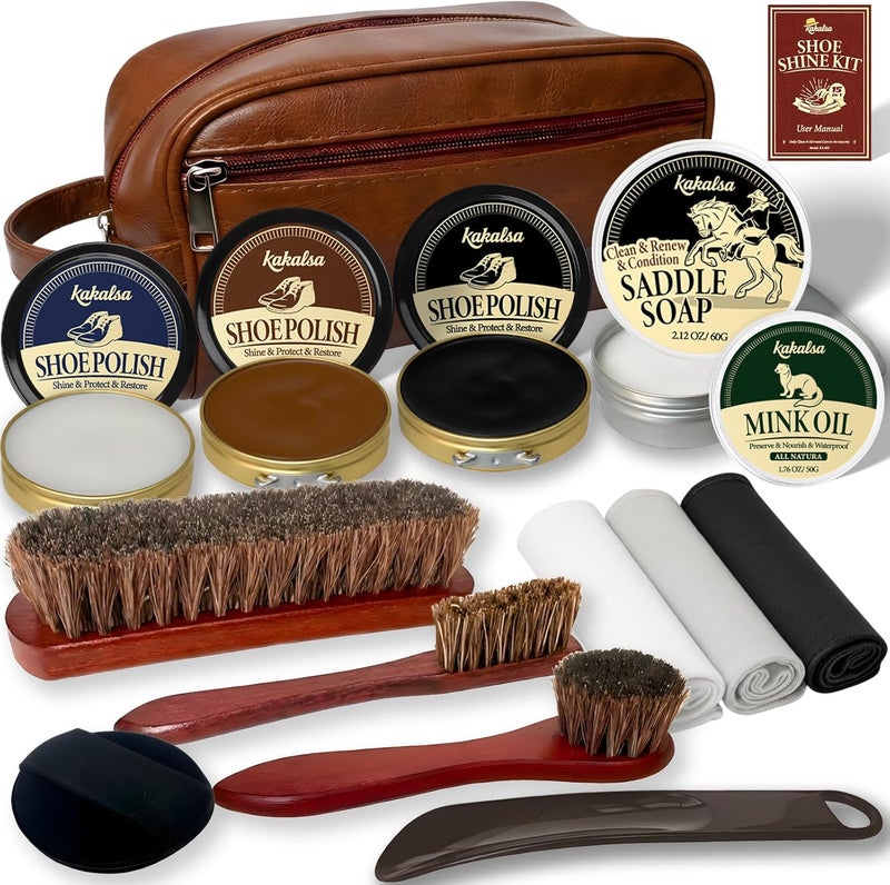 Kakalsa Shoe Shine Kit, Mens Gifts Ideas - 15PCS Shoe Polish Kit with Saddle Soap, Mink Oil, 3 Shoe Polishes, 3 Shoe Brushes and more, All-inclusive Leather Care Kit for Leather Shoe Boot Cleaning and Care - Image 1